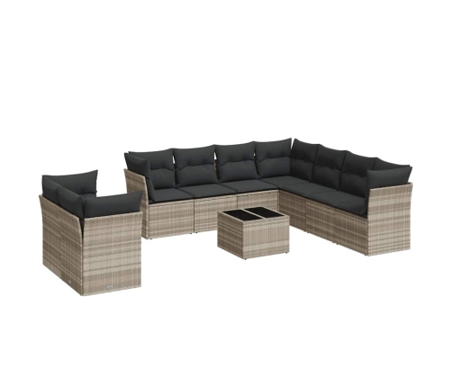 vidaXL 10-daļīgs dārza dīvāna komplekts ar matračiem, pelēka PE pinums