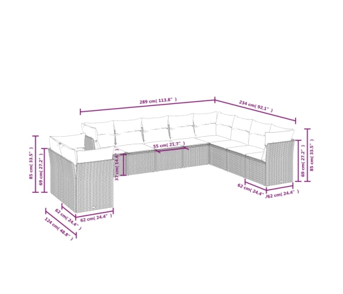 vidaXL 10-daļīgs dārza dīvāna komplekts, matrači, melna PE rotangpalma