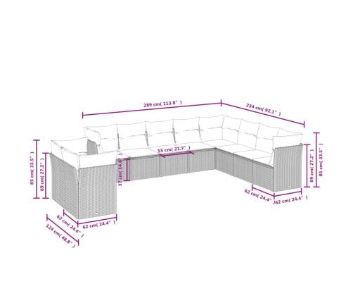 vidaXL 10-daļīgs dārza dīvāna komplekts, matrači, brūna PE rotangpalma