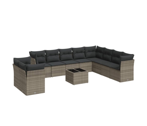 vidaXL 11-daļīgs dārza dīvāna komplekts ar matračiem, pelēks PE pinums