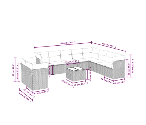 vidaXL 11-daļīgs dārza dīvāna komplekts ar matračiem, pelēks PE pinums