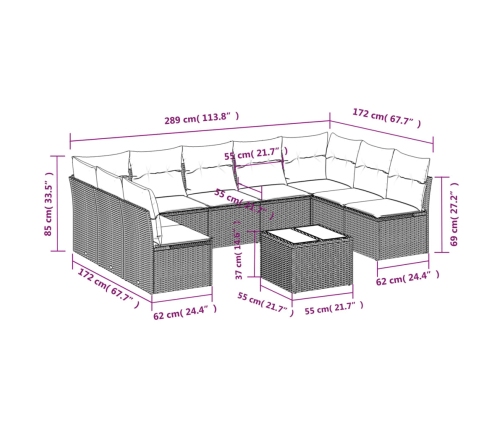 vidaXL 10-daļīgs dārza dīvāna komplekts, matrači, melna PE rotangpalma