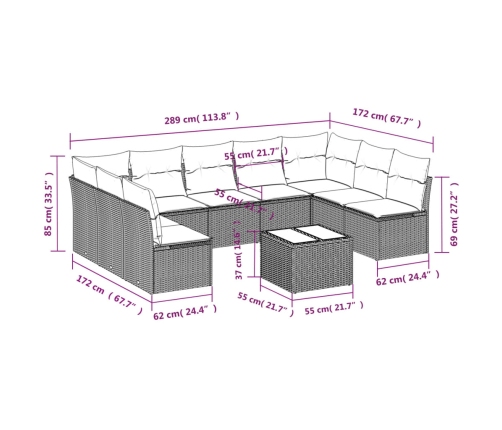 vidaXL 10-daļīgs dārza dīvāna komplekts, matrači, brūna PE rotangpalma