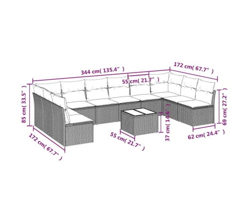 vidaXL 11-daļīgs dārza dīvāna komplekts, matrači, brūna PE rotangpalma