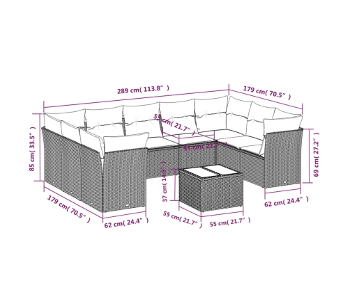 vidaXL 10-daļīgs dārza dīvāna komplekts ar matračiem, pelēka PE pinums