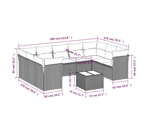 vidaXL 10-daļīgs dārza dīvāna komplekts, matrači, brūna PE rotangpalma