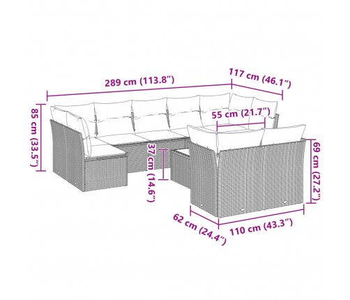 vidaXL 10-daļīgs dārza dīvāna komplekts ar matračiem, pelēka PE pinums
