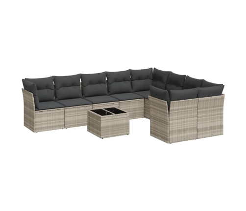 vidaXL 10-daļīgs dārza dīvāna komplekts ar matračiem, pelēka PE pinums