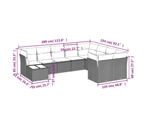vidaXL 10-daļīgs dārza dīvāna komplekts ar matračiem, pelēks PE pinums