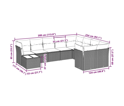 vidaXL 10-daļīgs dārza dīvāna komplekts ar matračiem, pelēka PE pinums