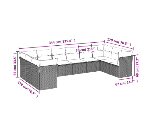 vidaXL 10-daļīgs dārza dīvāna komplekts, matrači, melna PE rotangpalma