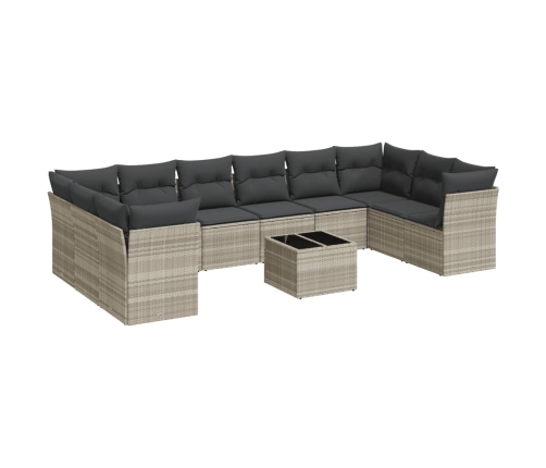 vidaXL 11-daļīgs dārza dīvāna komplekts ar matračiem, pelēka PE pinums