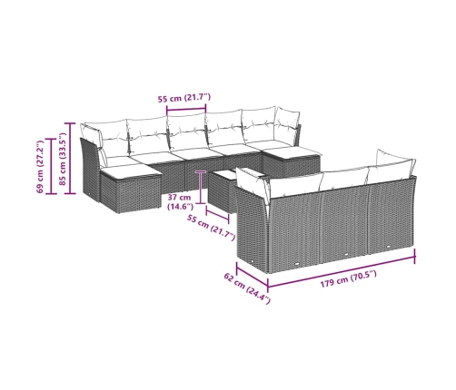 vidaXL 11-daļīgs dārza dīvāna komplekts ar matračiem, pelēka PE pinums