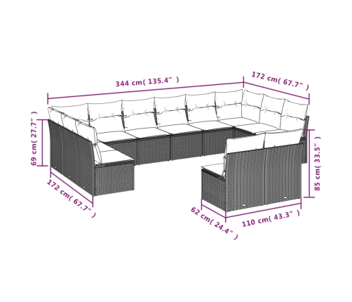 vidaXL 12-daļīgs dārza dīvāna komplekts ar matračiem, pelēka PE pinums