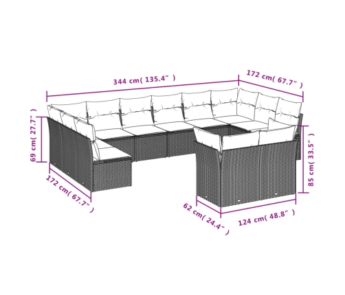 vidaXL 12-daļīgs dārza dīvānu komplekts, matrači, melna PE rotangpalma