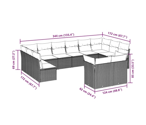 vidaXL 12-daļīgs dārza dīvāna komplekts ar matračiem, pelēka PE pinums