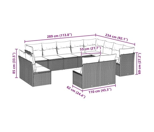 vidaXL 12-daļīgs dārza dīvāna komplekts ar matračiem, pelēka PE pinums