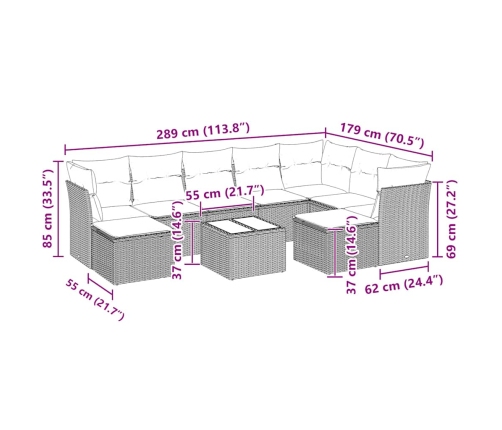 vidaXL 10-daļīgs dārza dīvāna komplekts ar matračiem, pelēka PE pinums