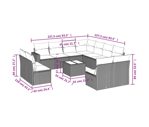 vidaXL 12-daļīgs dārza dīvāna komplekts ar matračiem, pelēka PE pinums