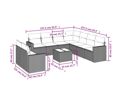 vidaXL 10-daļīgs dārza dīvāna komplekts, matrači, melna PE rotangpalma