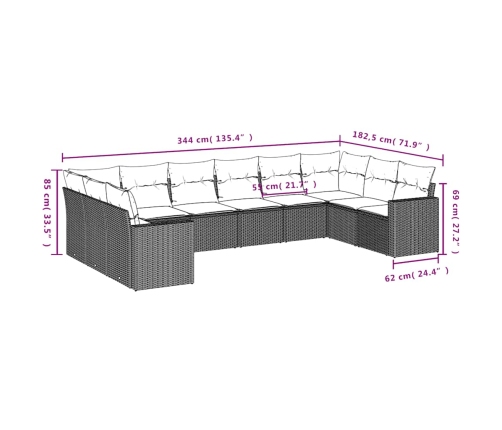 vidaXL 10-daļīgs dārza dīvāna komplekts ar matračiem, pelēka PE pinums