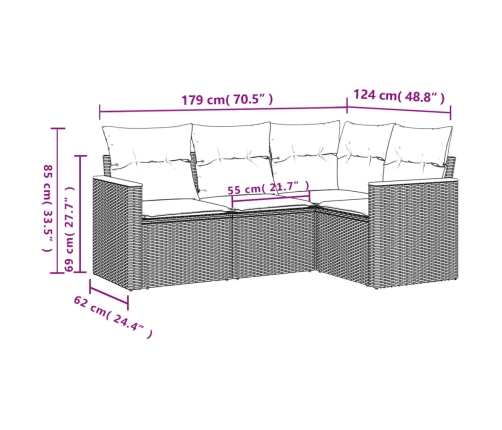 vidaXL 4-daļīgs dārza dīvāna komplekts ar matračiem, PE rotangpalma