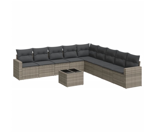 vidaXL 10-daļīgs dārza dīvāna komplekts ar matračiem, pelēks PE pinums