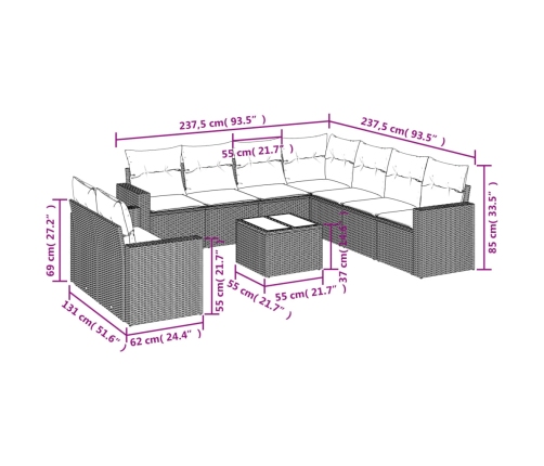 vidaXL 10-daļīgs dārza dīvāna komplekts ar matračiem, pelēka PE pinums