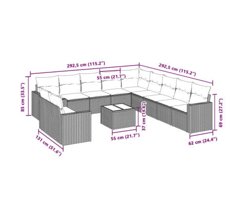 vidaXL 12-daļīgs dārza dīvāna komplekts ar matračiem, pelēka PE pinums