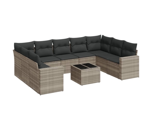 vidaXL 10-daļīgs dārza dīvāna komplekts ar matračiem, pelēka PE pinums