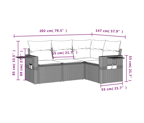 vidaXL 4-daļīgs dārza dīvānu komplekts, matrači, brūna PE rotangpalma