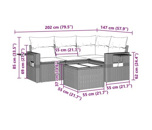 vidaXL 5-daļīgs dārza dīvānu komplekts,matrači, gaiši pelēka PE pinums