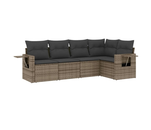 vidaXL 5-daļīgs dārza dīvāna komplekts ar matračiem, pelēks PE pinums