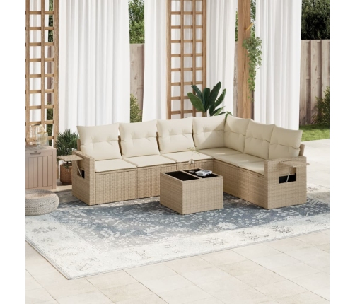 vidaXL 7-daļīgs dārza dīvāna komplekts, matrači, bēša PE rotangpalma