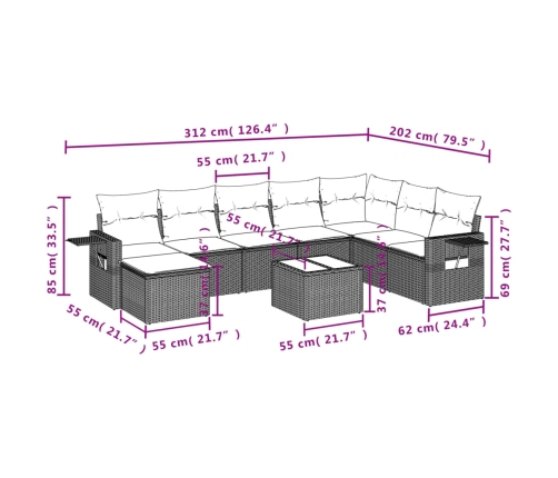 vidaXL 9-daļīgs dārza dīvāna komplekts, matrači, melna PE rotangpalma