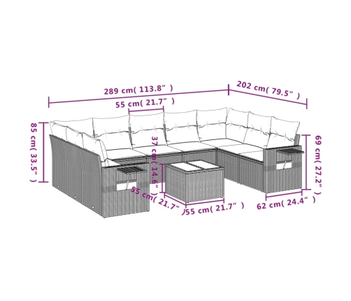 vidaXL 10-daļīgs dārza dīvāna komplekts ar matračiem, pelēka PE pinums
