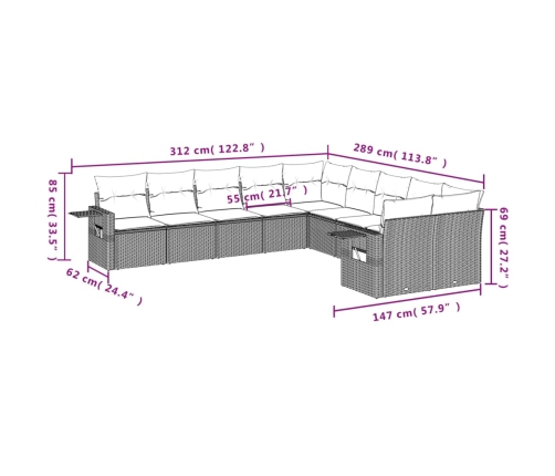 vidaXL 10-daļīgs dārza dīvāna komplekts, matrači, melna PE rotangpalma