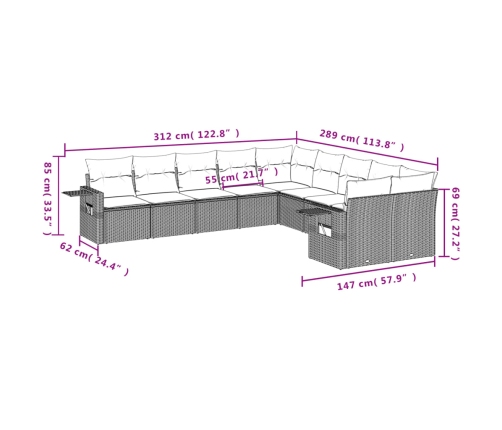 vidaXL 10-daļīgs dārza dīvāna komplekts, matrači, bēša PE rotangpalma