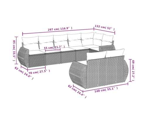 vidaXL 8-daļīgs dārza dīvāna komplekts, matrači, melna PE rotangpalma