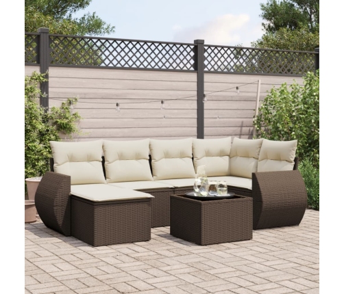 vidaXL 7-daļīgs dārza dīvānu komplekts, matrači, brūna PE rotangpalma