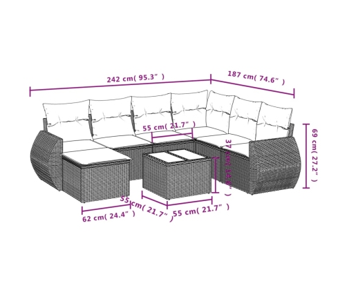 vidaXL 8-daļīgs dārza dīvānu komplekts, matrači, brūna PE rotangpalma