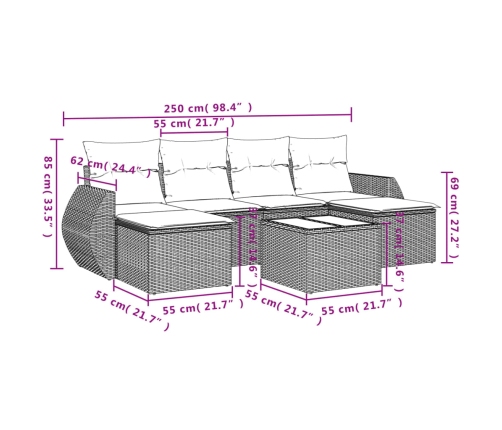 vidaXL 7-daļīgs dārza dīvāna komplekts, matrači, pelēka PE rotangpalma