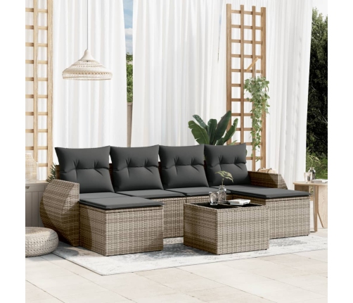 vidaXL 7-daļīgs dārza dīvāna komplekts, matrači, pelēka PE rotangpalma