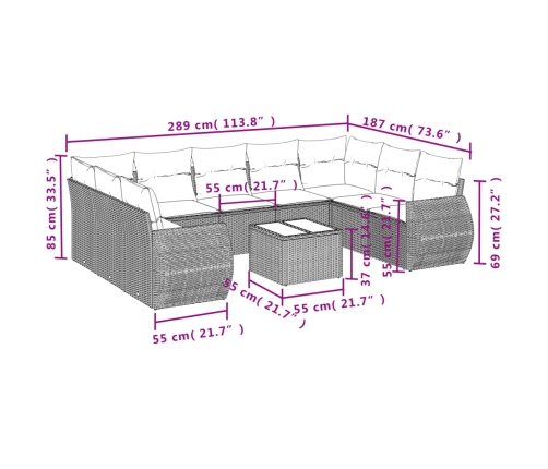 vidaXL 10-daļīgs dārza dīvāna komplekts, matrači, melna PE rotangpalma