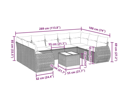 vidaXL 10-daļīgs dārza dīvāna komplekts ar matračiem, pelēka PE pinums