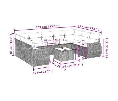 vidaXL 10-daļīgs dārza dīvāna komplekts, matrači, brūna PE rotangpalma