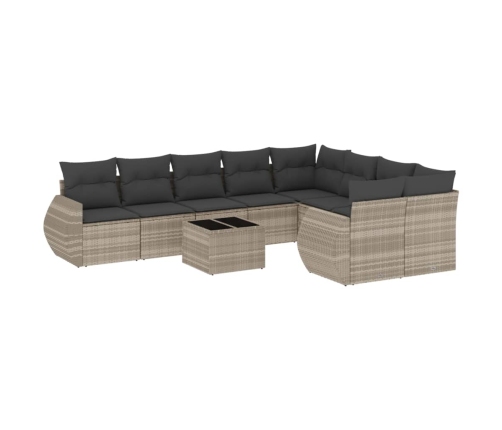 vidaXL 10-daļīgs dārza dīvāna komplekts ar matračiem, pelēka PE pinums