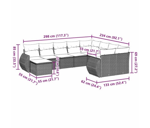 vidaXL 10-daļīgs dārza dīvāna komplekts ar matračiem, pelēka PE pinums