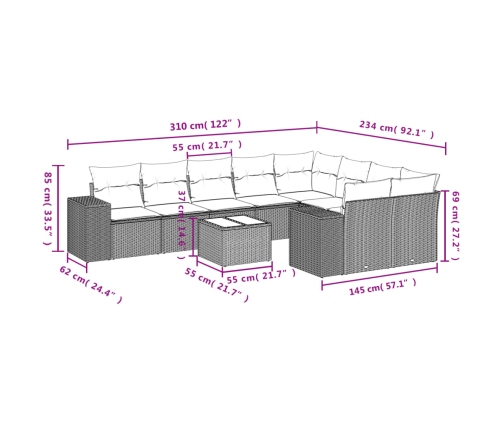 vidaXL 10-daļīgs dārza dīvāna komplekts, matrači, bēša PE rotangpalma