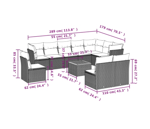 vidaXL 11-daļīgs dārza dīvāna komplekts, matrači, melna PE rotangpalma
